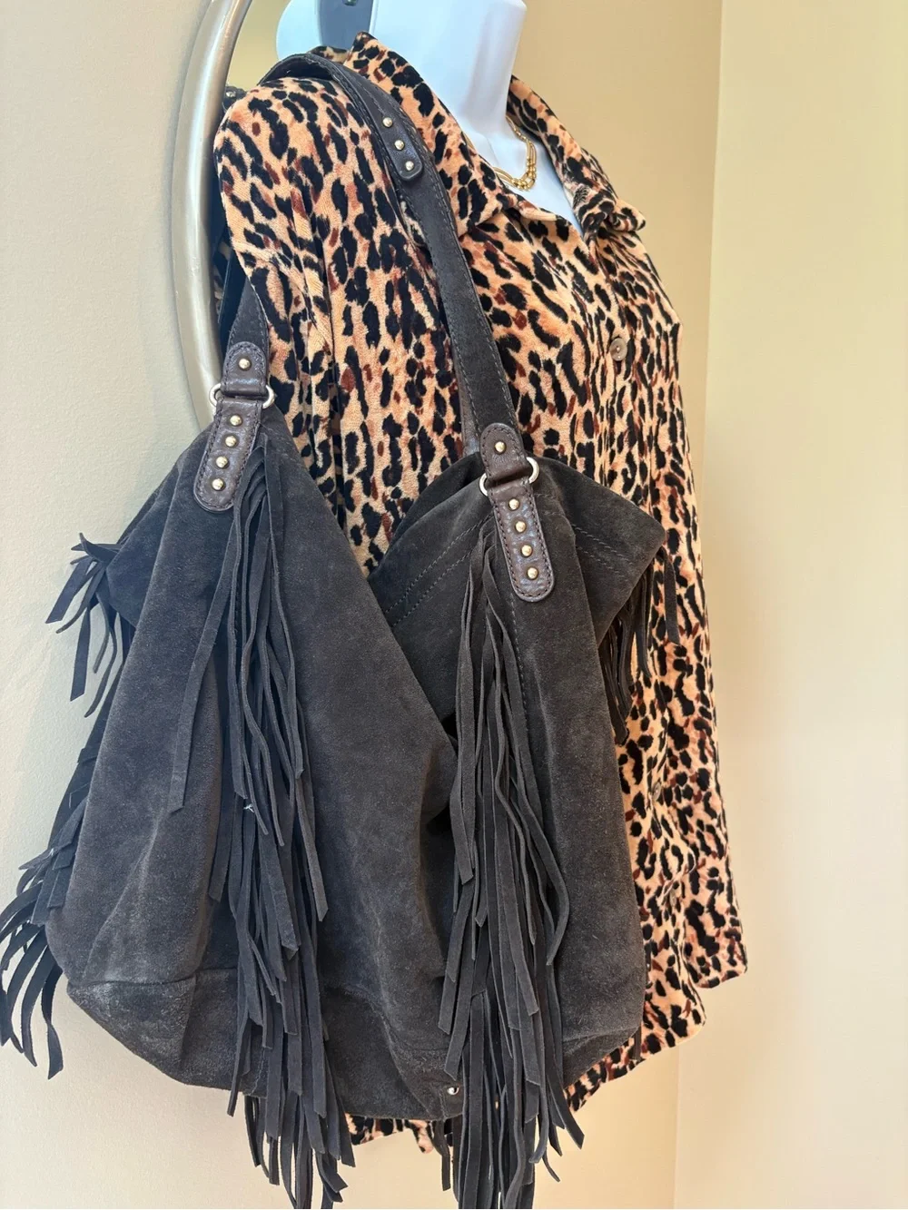 HUGE GAP Leather/Suede Hobo Fringe Bag Gold Hardware 17”!!!